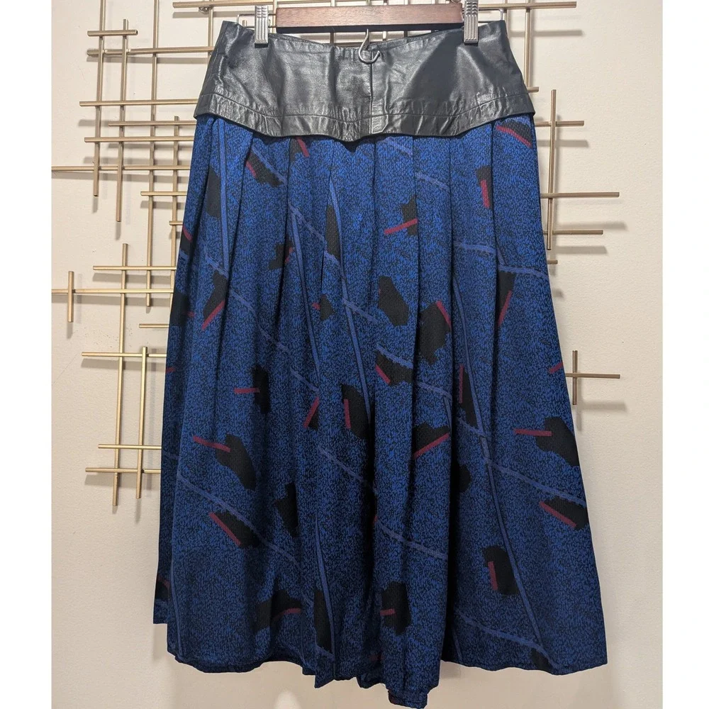 VTG 80's‎ Designer Silk Leather Trim Blouse & Skirt 2 Pc Set Black Cobalt Sz 10